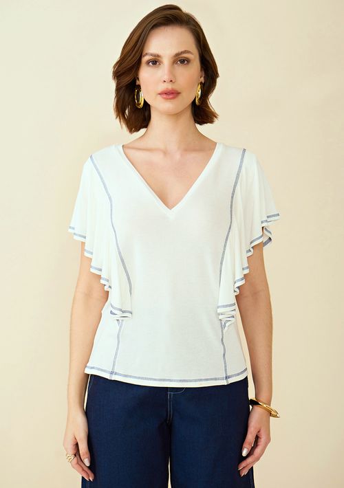 Blusa Maria.Valentina Decote V Cavada Detalhe Pesponto Off White