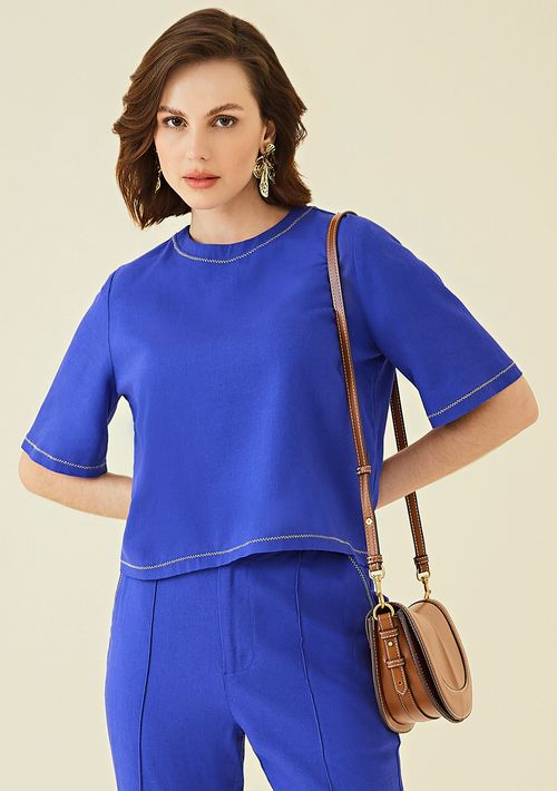 T-Shirt Maria.Valentina Decote Redondo Com Fio Metalizado Azul