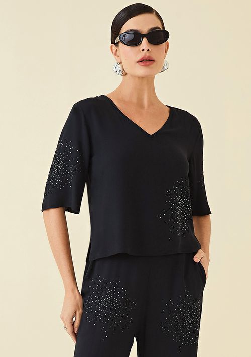 Blusa Maria.Valentina Decote V Manga Evasê Com Termocolante Preto