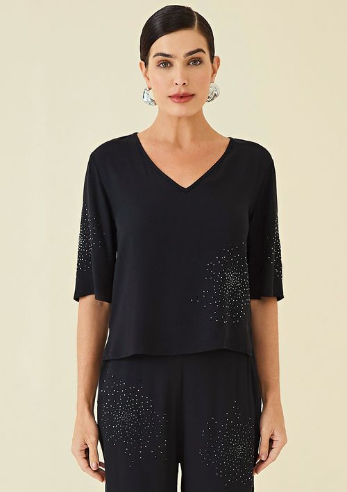 Blusa Maria.Valentina Decote V Manga Evasê Com Termocolante Preto