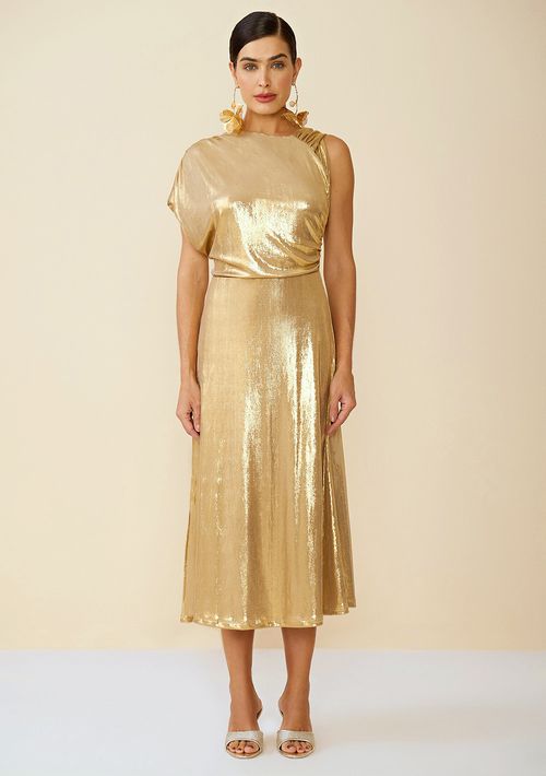 Vestido Maria.Valentina Midi Decote Redondo Com Fenda Dourado