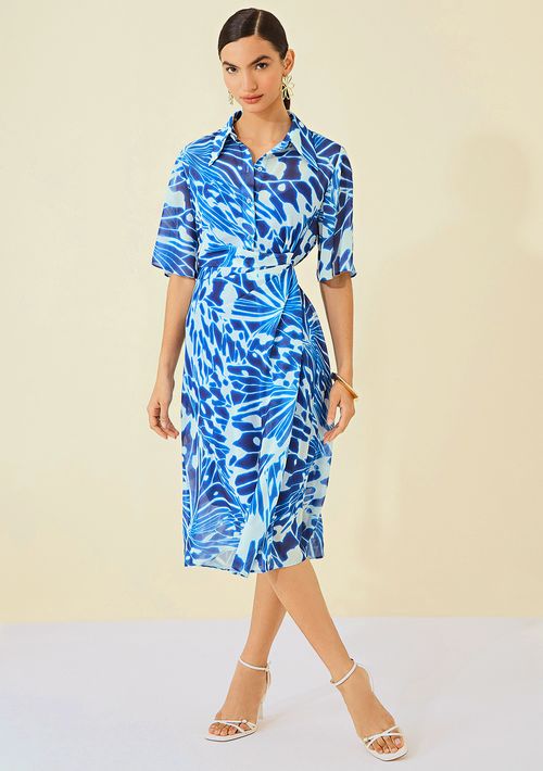 Vestido Maria.Valentina Midi Gola Polo Detalhe Frente Azul