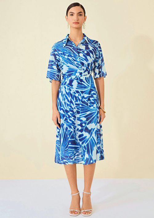 Vestido Maria.Valentina Midi Gola Polo Detalhe Frente Azul