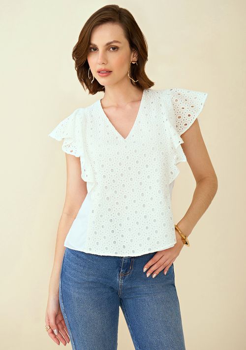 Blusa Maria.Valentina Decote V Manga Babado Abertura Lateral Off White