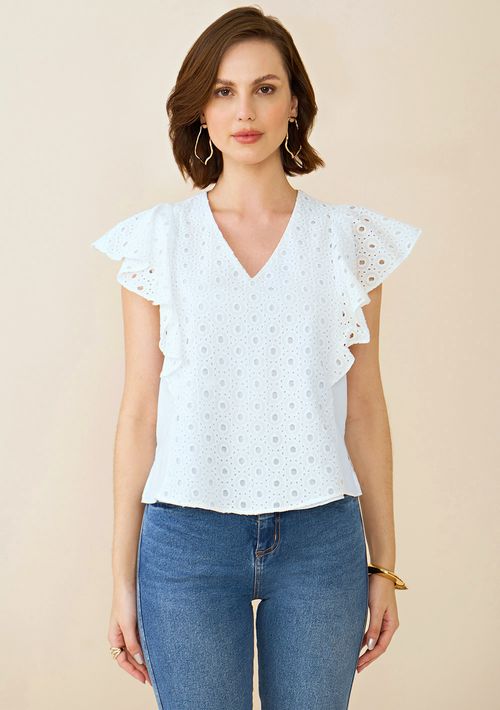 Blusa Maria.Valentina Decote V Manga Babado Abertura Lateral Off White