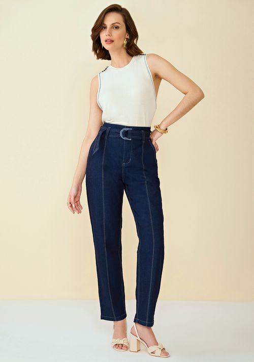 Calça Maria.Valentina Alfaiataria Cós Alto Com Cinto Jeans