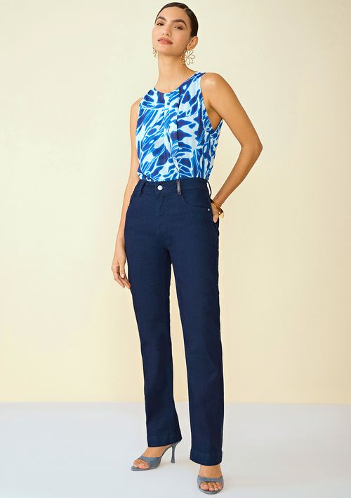 Calça Maria.Valentina Straight M. Helena Cós Intermediário Detalhe Pesponto Jeans