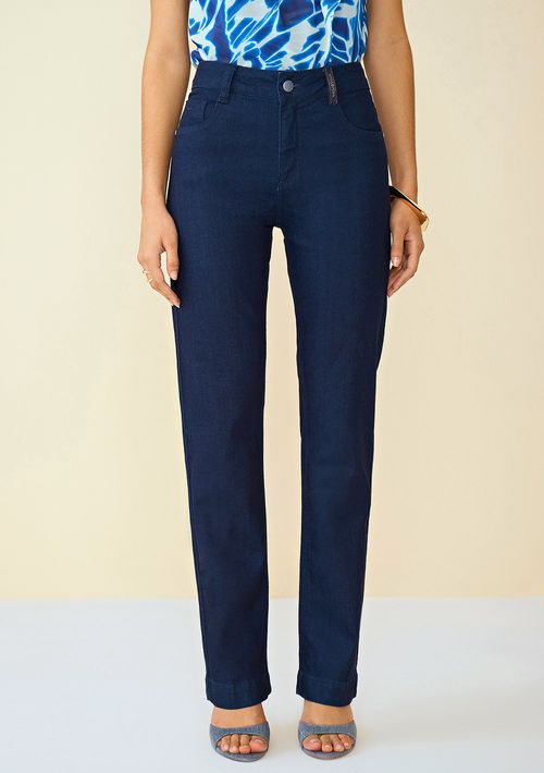 Calça Maria.Valentina Straight M. Helena Cós Intermediário Detalhe Pesponto Jeans