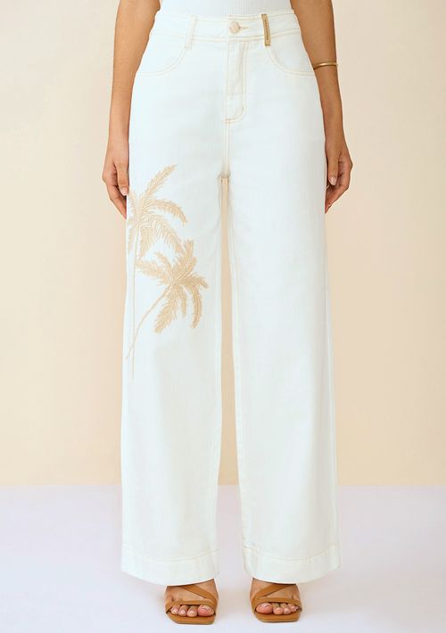 Calça Maria.Valentina Pantalona M.Lucia Cós Alto Bordado Industrial Off White