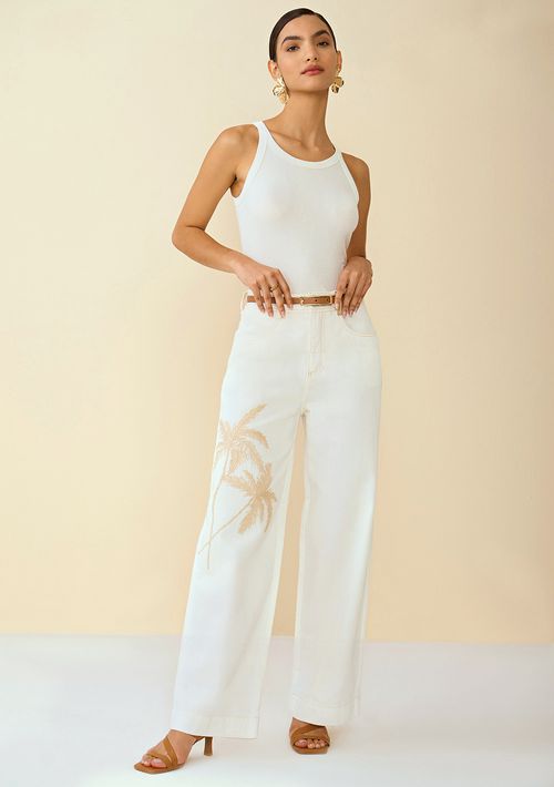 Calça Maria.Valentina Pantalona M.Lucia Cós Alto Bordado Industrial Off White