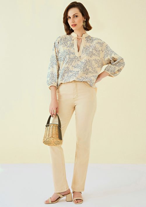Calça Maria.Valentina Straight M. Helena Cós Alto Tinturada Bege