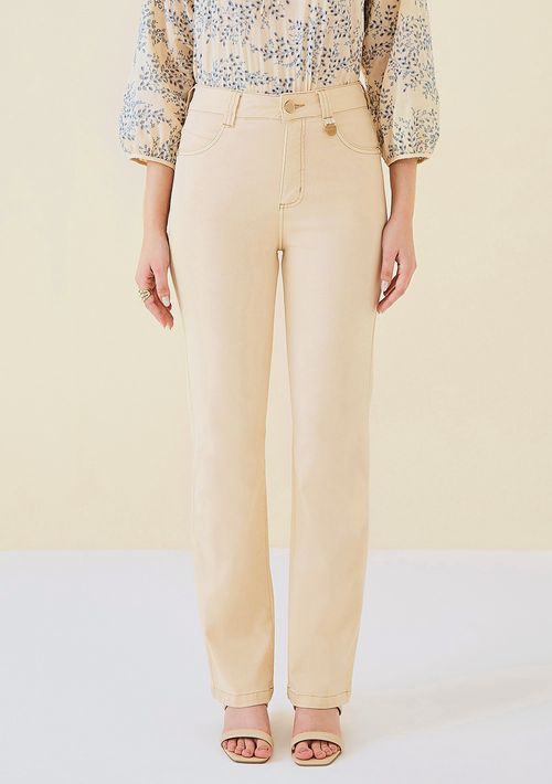 Calça Maria.Valentina Straight M. Helena Cós Alto Tinturada Bege