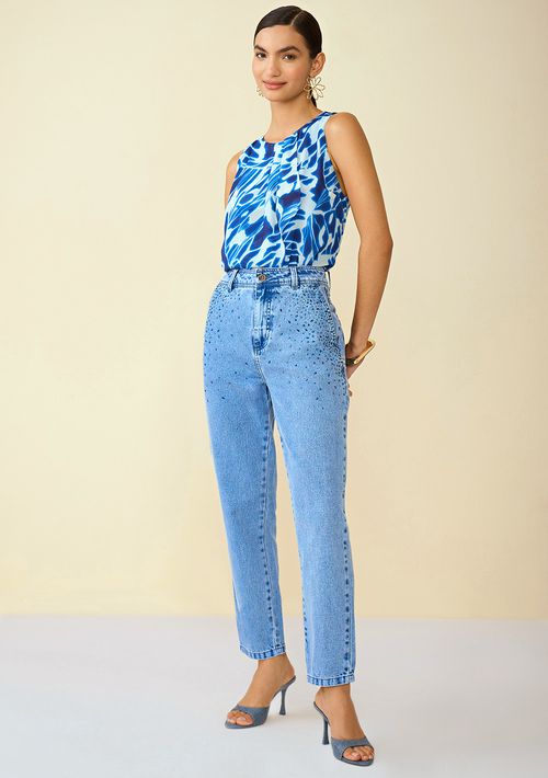 Calça Maria.Valentina Mom Cós Alto Com Termocolante Jeans