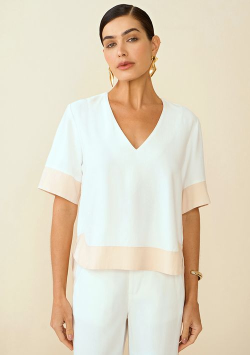 T-Shirt Maria.Valentina Decote V Bicolor Off White