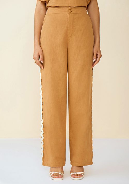 Calça Maria.Valentina Alfaiataria Cós Alto Detalhe Sianinha Marrom