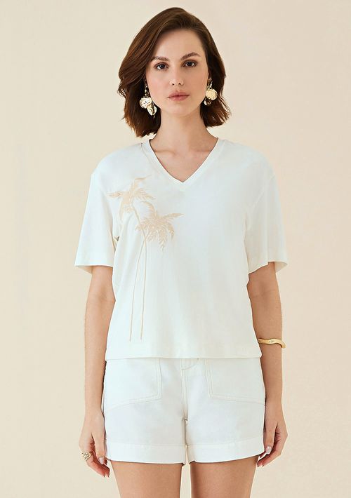 T-Shirt Maria.Valentina Decote V Estampa Localizada Off White