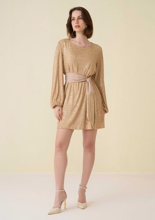Vestido Maria.Valentina Curto Decote Redondo Com Faixa Dourado