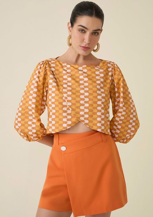Blusa Maria.Valentina Decote Canoa Manga 3/4 Transpasse Frente Amarelo