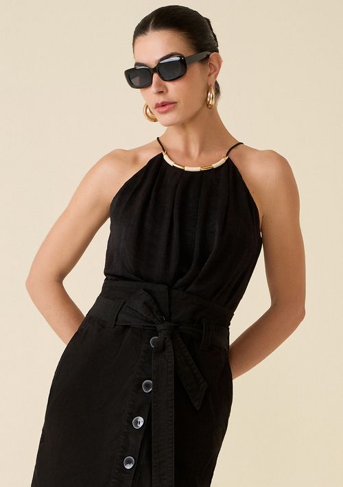 Blusa Maria.Valentina Decote Redondo Cava Francesa Com Metal Preto