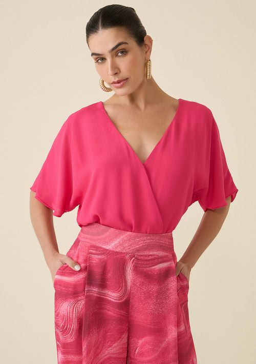 Body Maria.Valentina Decote V Manga Godê Com Franzido Pink