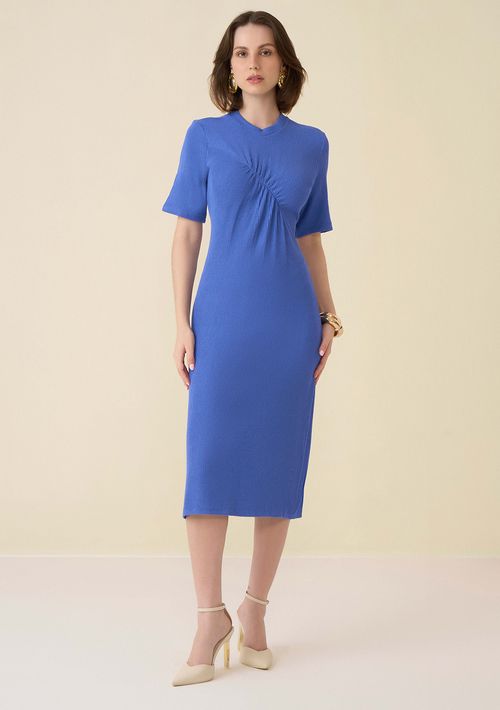 Vestido Maria.Valentina Midi Decote Redondo Abertura Lateral Azul