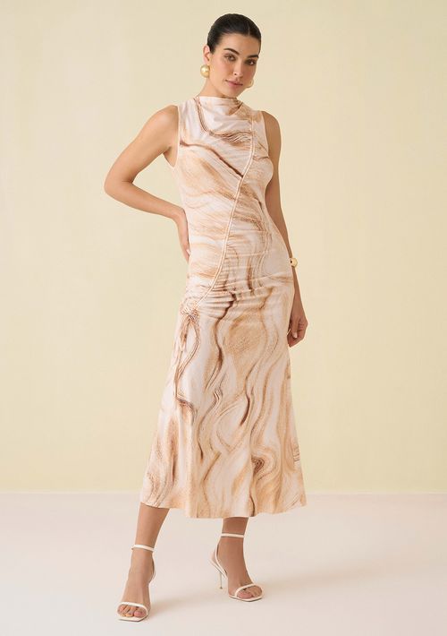Vestido Maria.Valentina Midi Decote Canoa Com Recorte Bege