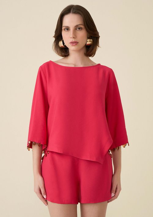 Blusa Maria.Valentina Decote Canoa Manga Curta Barra Assimétrica Pink
