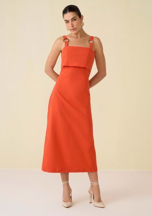 Vestido Maria.Valentina Midi Decote Reto Detalhe Alça Laranja