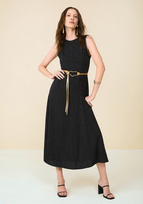 Vestido Maria.Valentina Midi Decote Redondo Detalhe Renda Preto