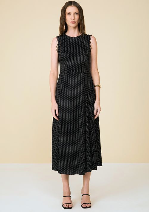 Vestido Maria.Valentina Midi Decote Redondo Detalhe Renda Preto