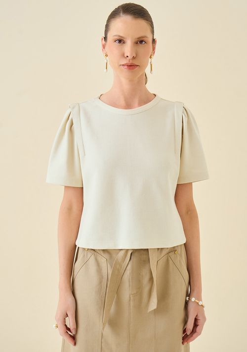 Blusa Maria.Valentina Decote Redondo Manga Curta Com Pregas Cru
