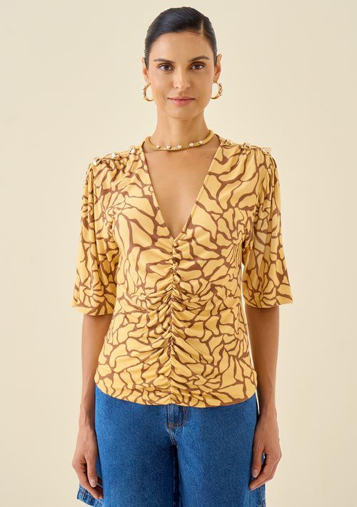 Blusa Maria.Valentina Decote V Manga Curta Com Franzido Amarelo