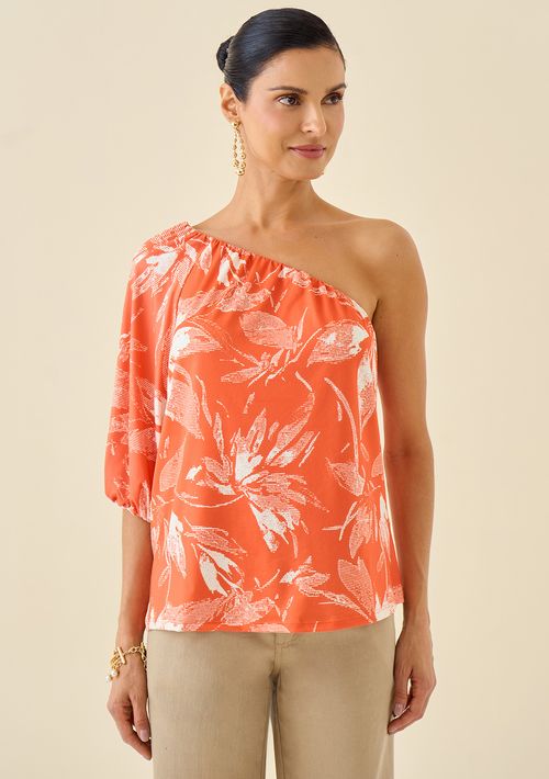 Blusa Maria.Valentina Ombro Só Manga Raglan 7/8 Estampada Laranja