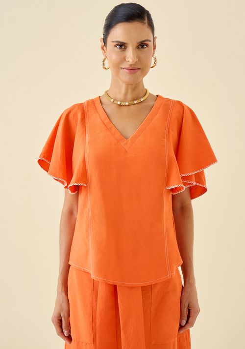 Blusa Maria.Valentina Decote V Manga Curta Detalhe Pesponto Laranja