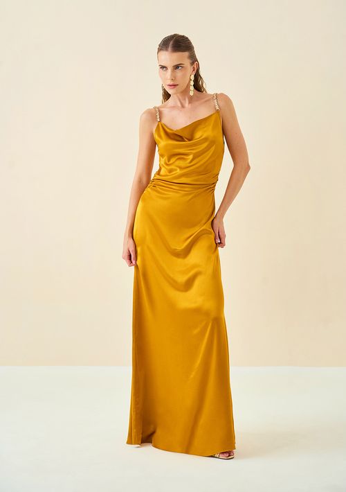 Vestido Maria.Valentina Longo Decote Degage Detalhe Alça Dourado