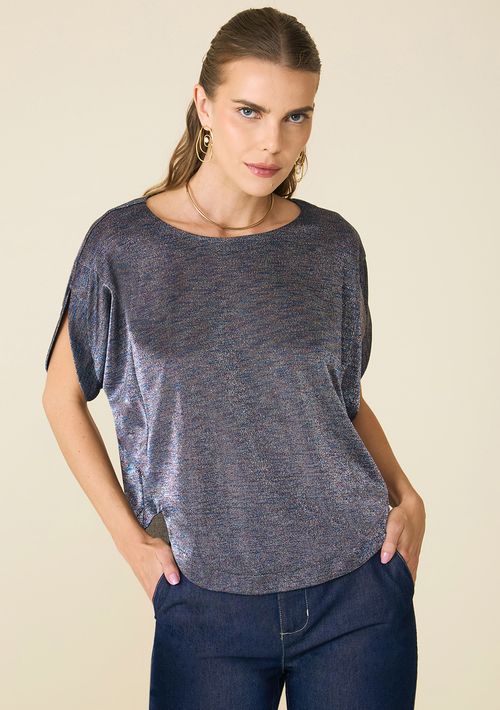 Blusa Maria.Valentina Decote Redondo Manga Curta Com Brilho Preto