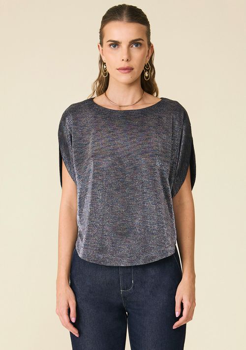 Blusa Maria.Valentina Decote Redondo Manga Curta Com Brilho Preto