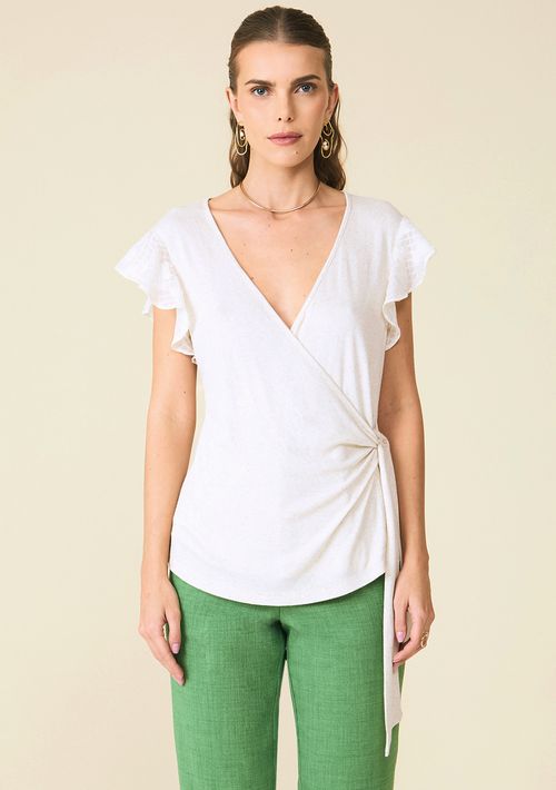Blusa Maria.Valentina Decote Transpassado Manga Babado Com Amarração Cru