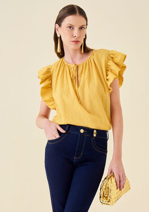 Blusa Maria.Valentina Decote Redondo Manga Babado Com Amarração Amarelo