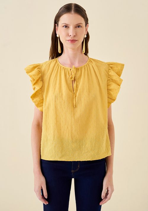 Blusa Maria.Valentina Decote Redondo Manga Babado Com Amarração Amarelo