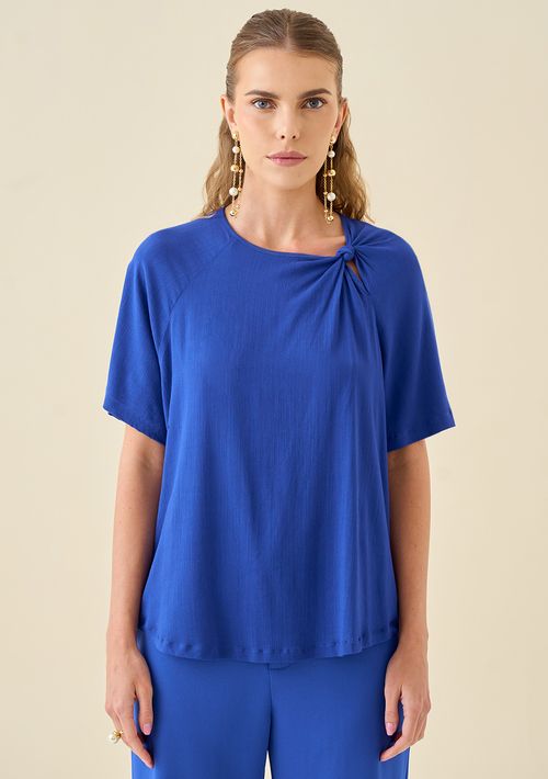 Blusa Maria.Valentina Solta Decote Careca Manga Curta Padrão Azul