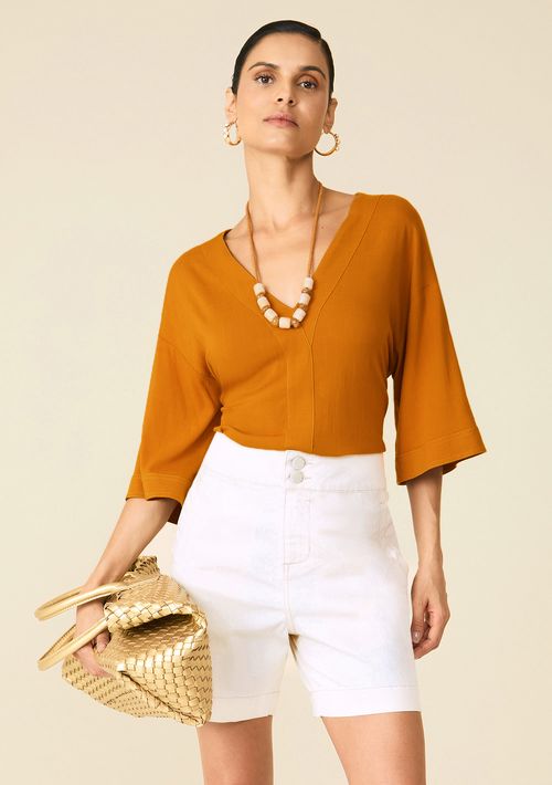 Blusa Maria.Valentina Solta Decote V Manga Curta Padrão Marrom