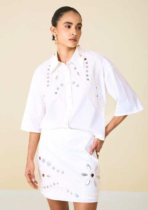 Camisa Maria.Valentina Oversized Gola Tradicional Manga Curta Padrão Off White