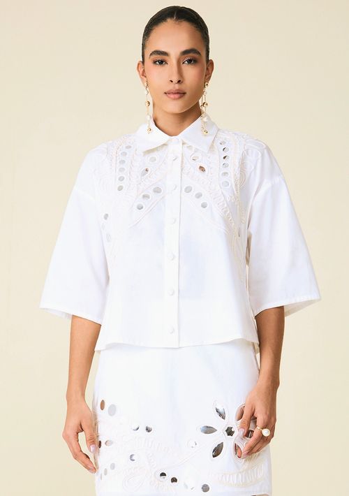 Camisa Maria.Valentina Oversized Gola Tradicional Manga Curta Padrão Off White