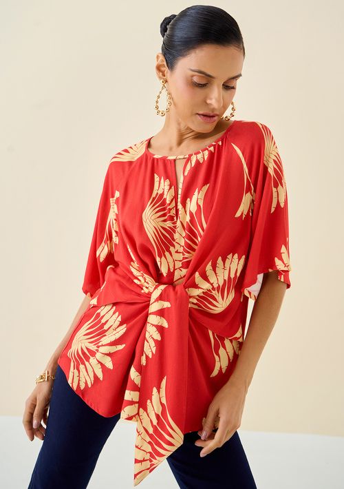 Blusa Maria.Valentina Solta Decote Careca Manga Curta Padrão Vermelho