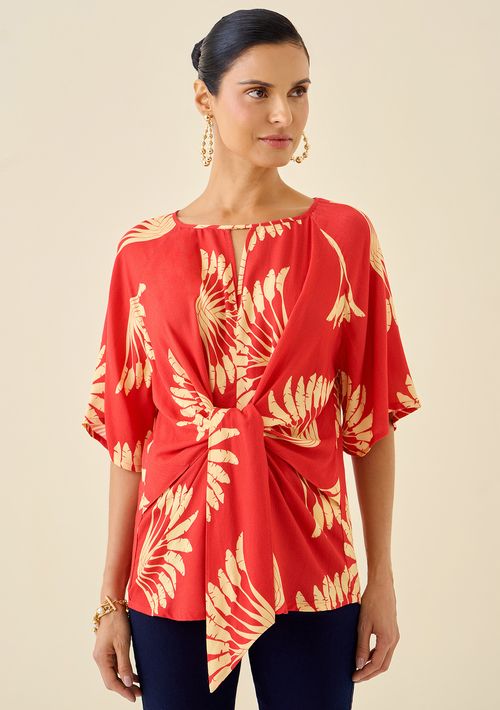 Blusa Maria.Valentina Solta Decote Careca Manga Curta Padrão Vermelho
