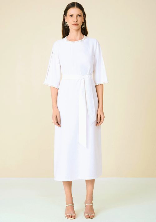 Vestido Maria.Valentina Solto Decote Careca Manga Curta Midi Off White