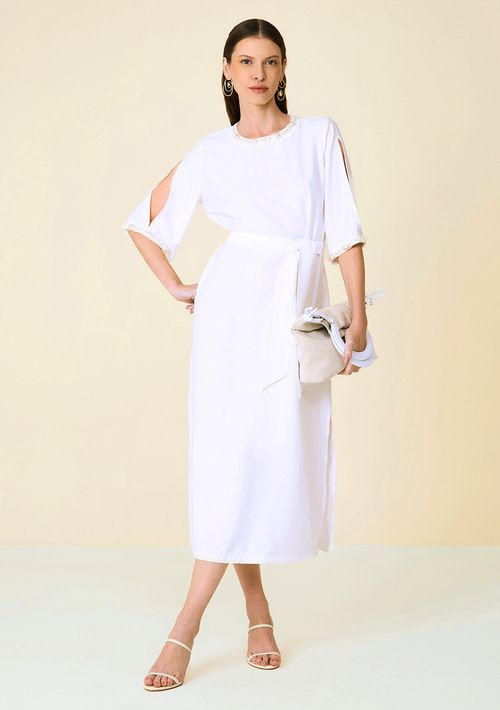 Vestido Maria.Valentina Solto Decote Careca Manga Curta Midi Off White