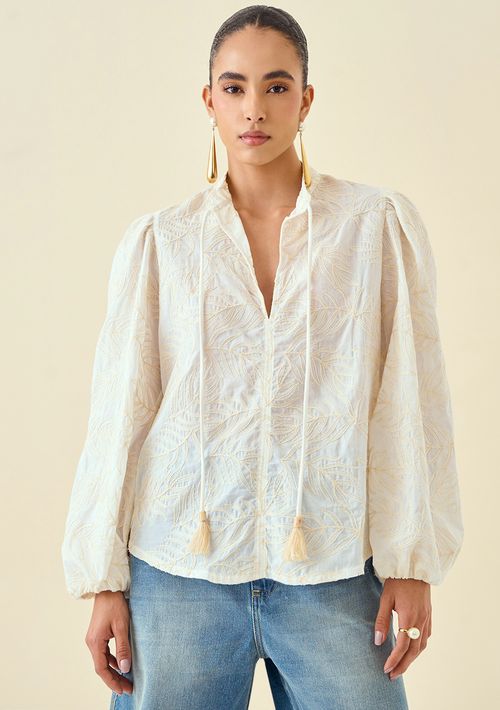 Blusa Maria.Valentina Solta Gola Padre Manga Longa Padrão Off White
