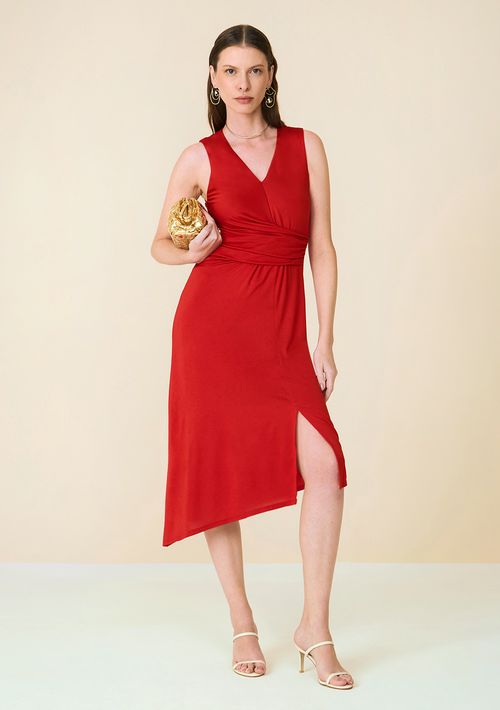 Vestido Maria.Valentina Ajustado Decote Transpassado Sem Manga Midi Vermelho
